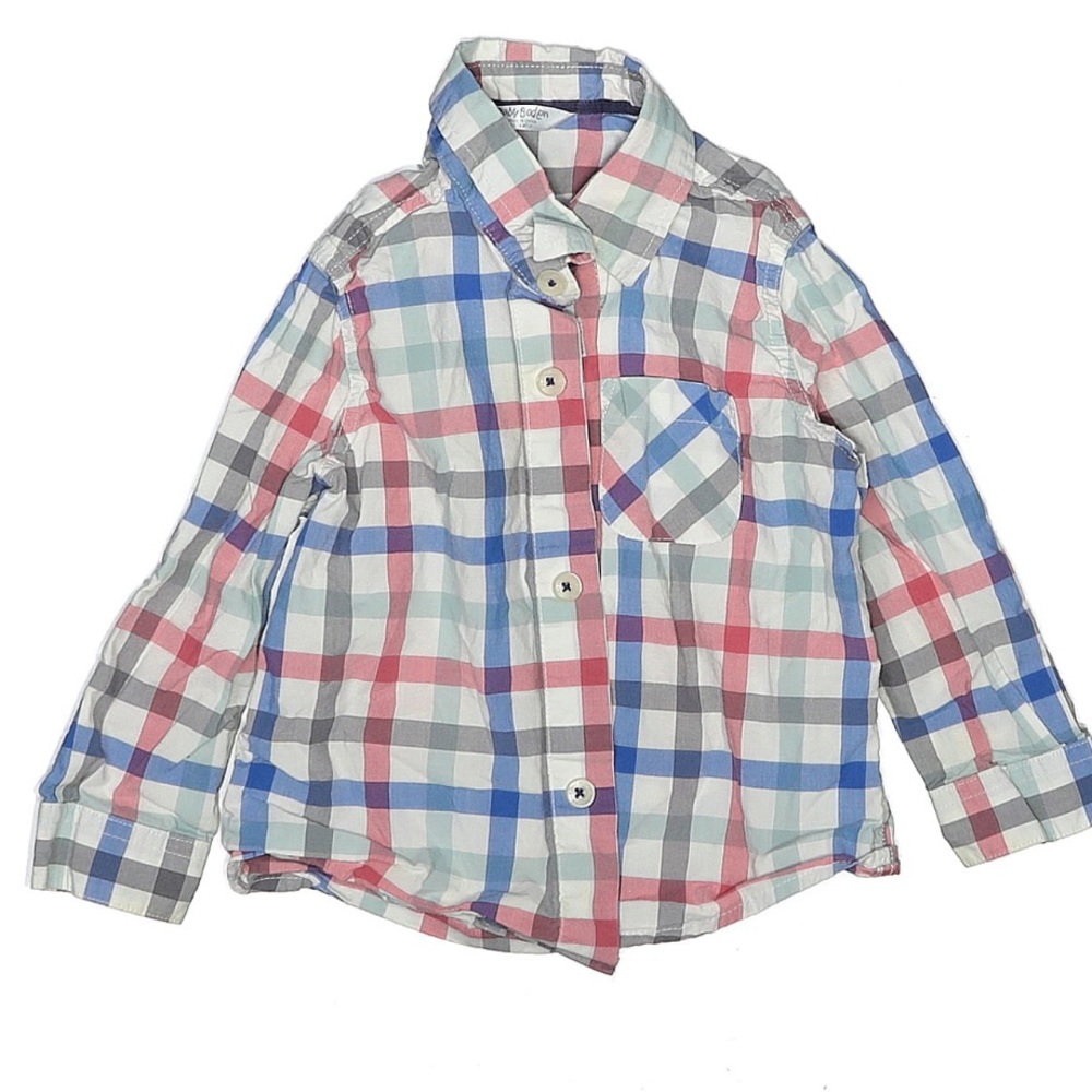 Baby Boden cotton button down boys plaid red blue white Shirt 12-18 months